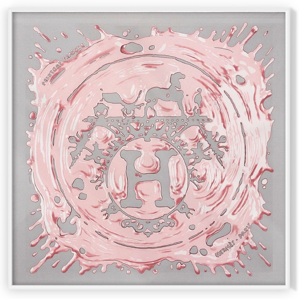 Peinture Fraiche Hermes 45cm Silk Scarf Framed Gris & Rose